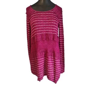 New Directions Women's Sweater Sz S Red & White Lace Long Sleeve Tunic Length